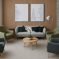 Front view of a single Wide Slat Premium Oak wood veneer acoustic wall panel showing modern wide slat design and premium oak finish solid furniture UK