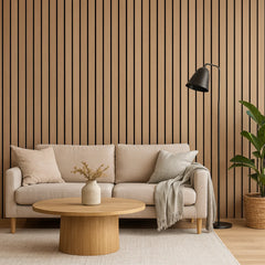 Wide Slat 3-sided Premium Oak wood veneer acoustic wall panels installed in a modern living room, showing warm oak finish and stylish wall coverage solid furniture UK