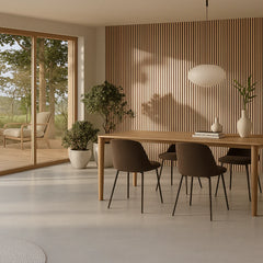 Side view of Wide Slat 3-sided Premium Oak wood veneer acoustic wall panel showing depth, three-sided veneer wrap, and acoustic backing solid furniture UK