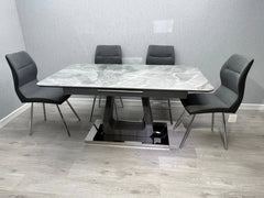 Zermatt 120cm grey ceramic dining table with 4 grey fabric chairs complete dining set featuring marble effect top from Solid Furniture UK for modern UK dining rooms
