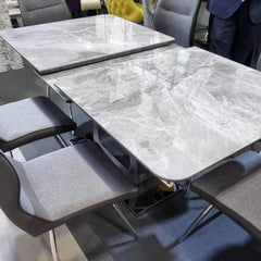 Zermatt extendable grey ceramic dining table open view showing extension from 160cm to 200cm with marble effect finish from Solid Furniture UK for modern UK dining rooms