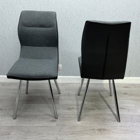 Zermatt grey dining chair front view with upholstered seat and chrome legs from Solid Furniture UK