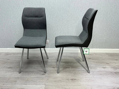 Pair of Zermatt dining chairs upholstered in grey fabric and PU leather with foam cushioning and chrome legs from Solid Furniture UK modern dining set