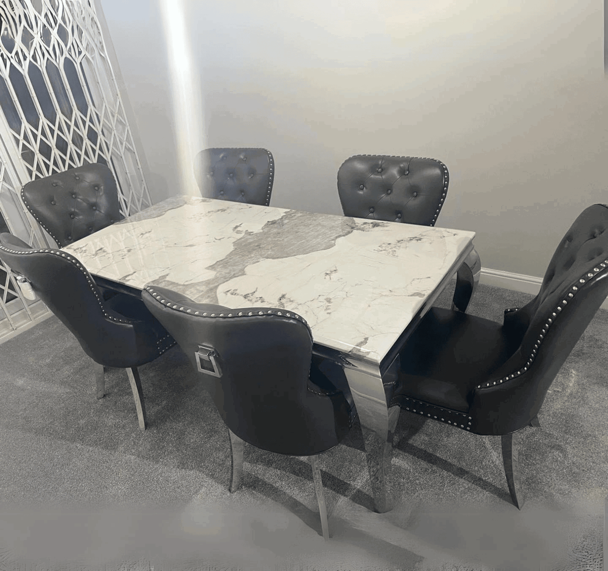 Louis Pandora Marble Table And Mayfair Leather Dark Grey Dining Chairs