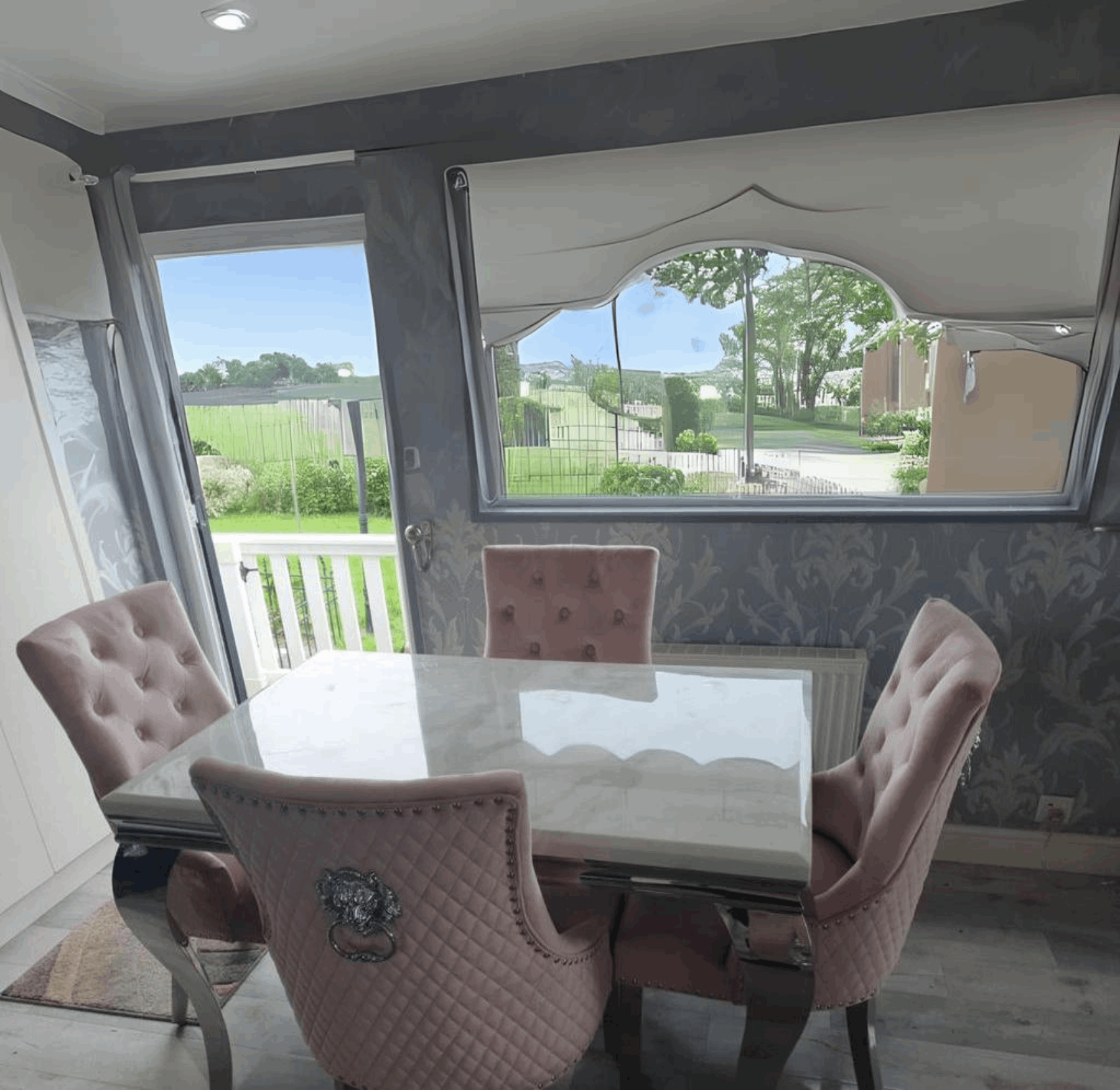 Louis White Marble Table with Pink Majestic Chairs