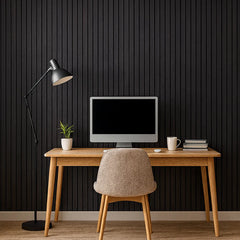 Wide slat 3-sided premium black oak acoustic wall panels installed in a modern living room creating a stylish feature wall with improved sound quality solid furniture UK