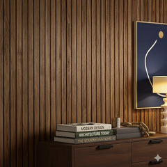Wide slat 3-sided premium walnut acoustic wall panels installed in a modern living room adding style while reducing echo with a sleek contemporary finish solid furniture UK