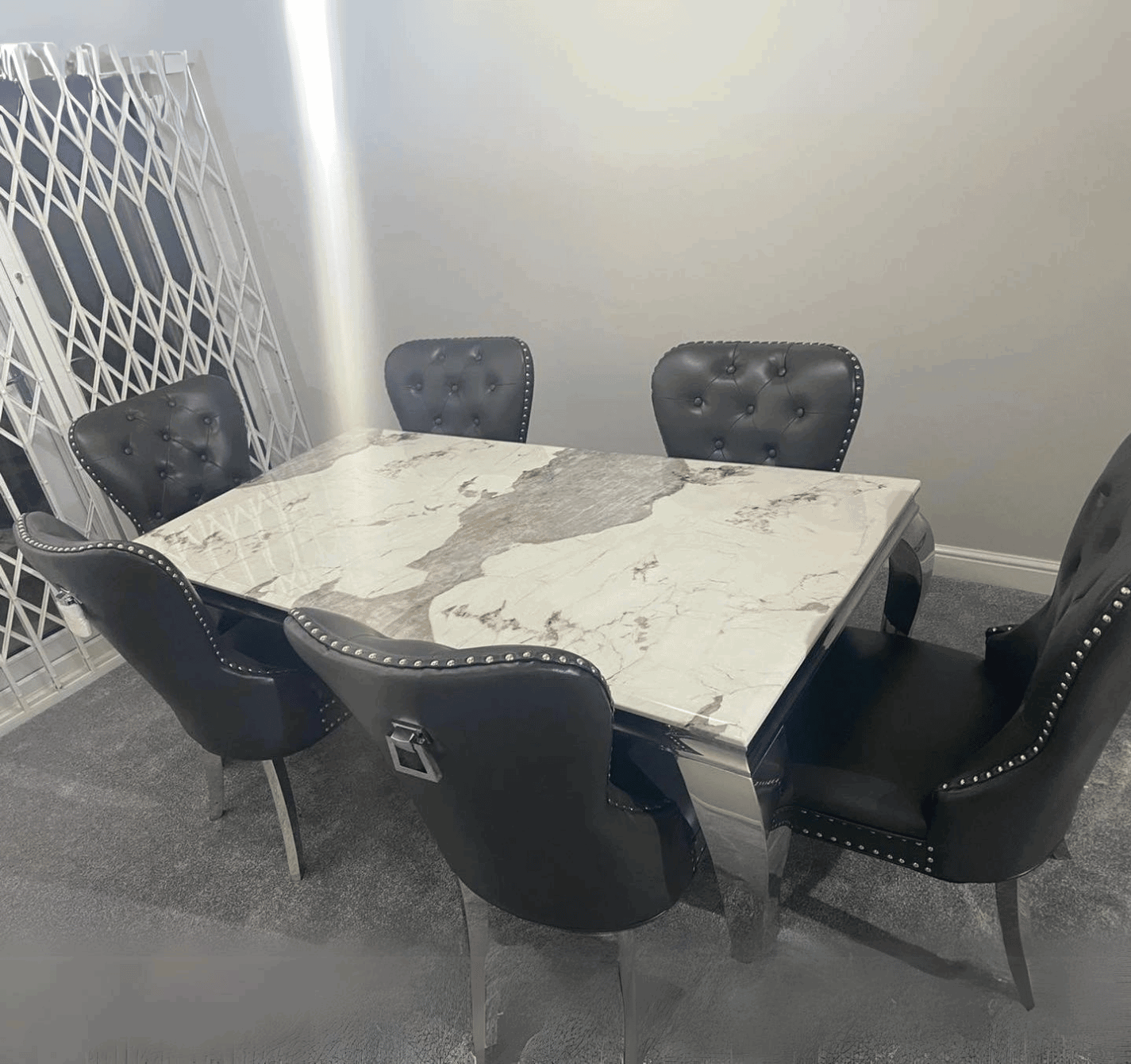 Louis Pandora Marble Table And Mayfair Leather Dark Grey Dining Chairs