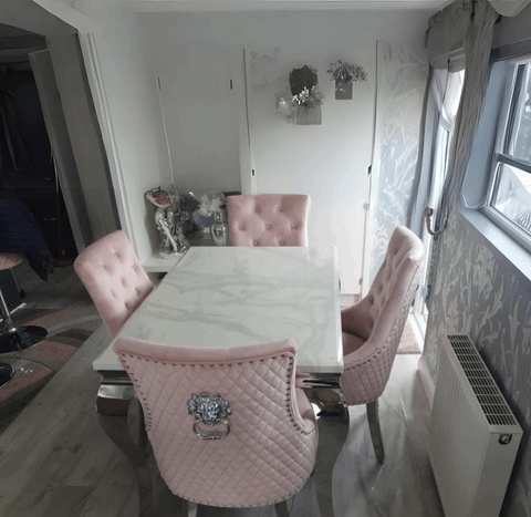 Louis White Marble Table with Pink Majestic Chairs