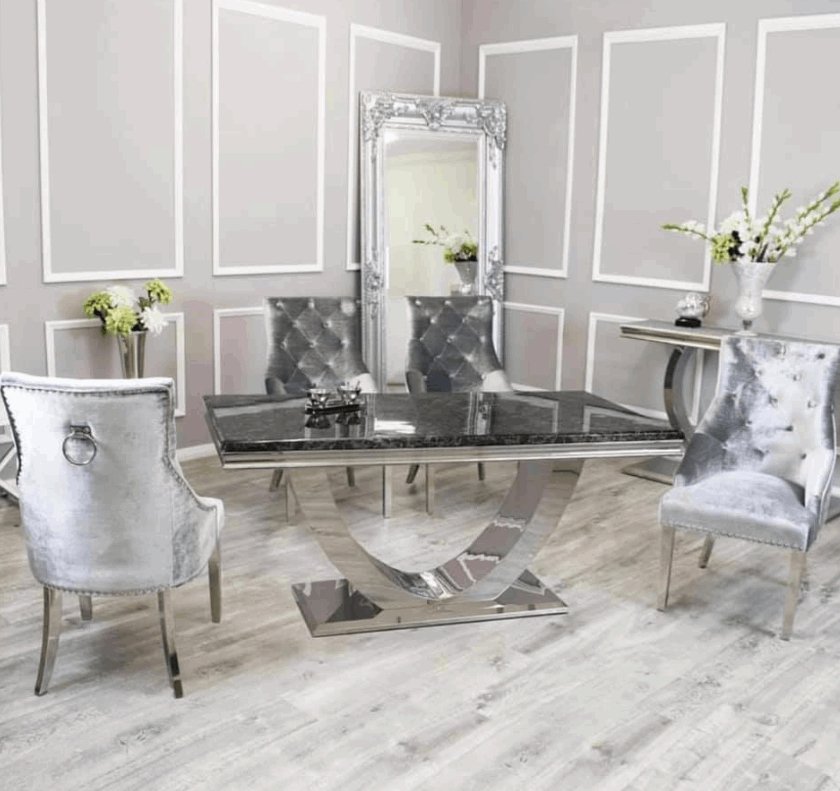 Arial Contemporary black marble dining table and chairs set for family dining solid furrniutre UK