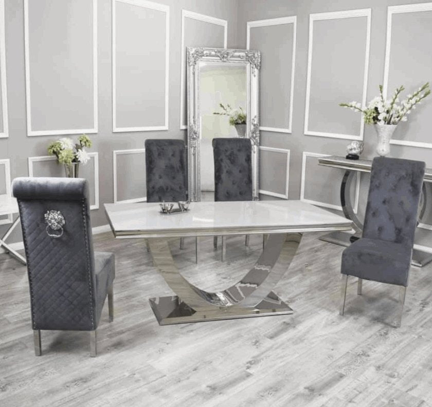 Arial Luxury cream marble dining set with elegant chairs for contemporary dining rooms solid furniture UK