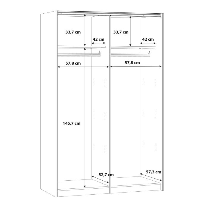 Inside Dimensions of Babetta Matt White &Mirrored Sliding Doors Wardrobe
