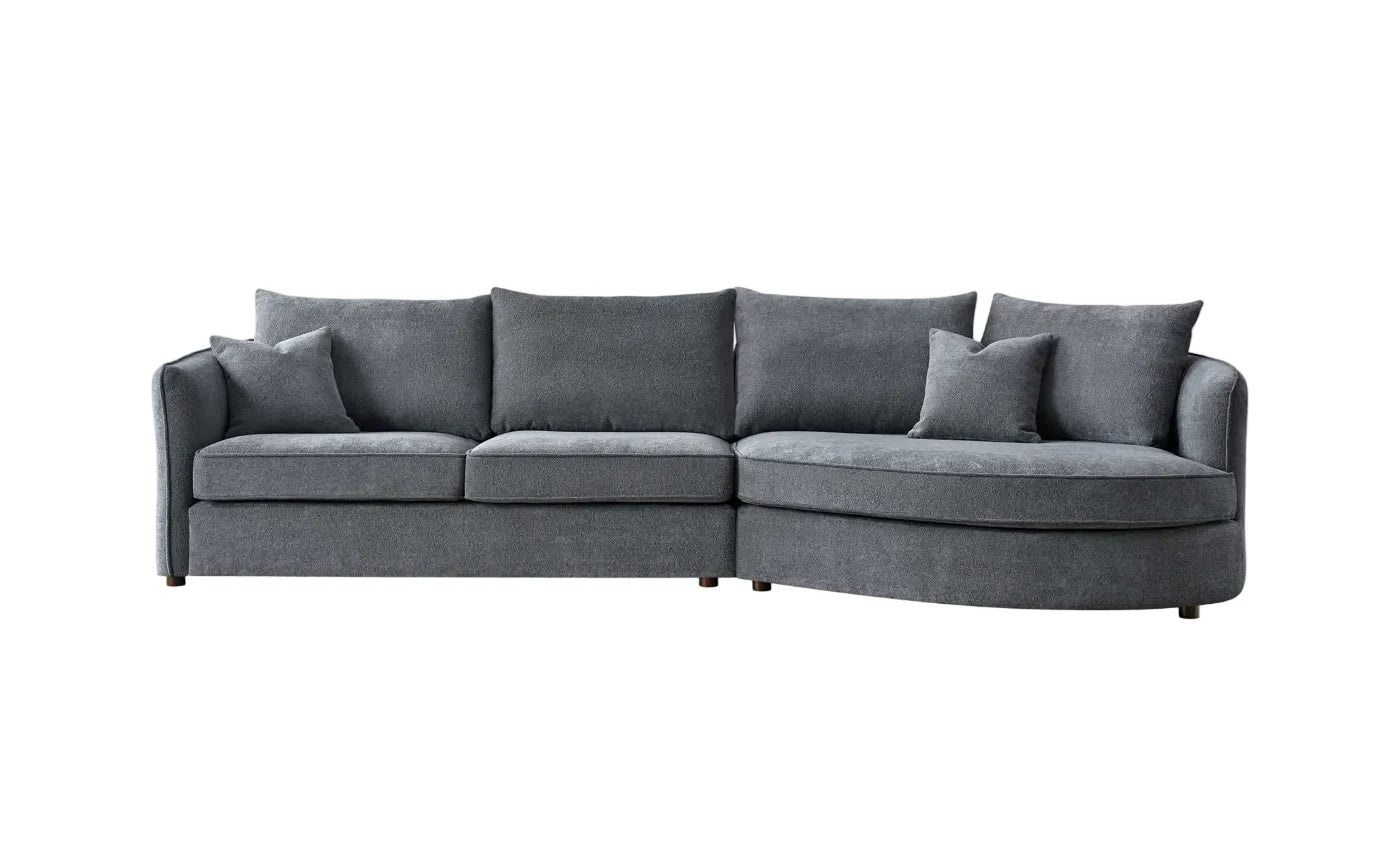 Front view of Rubin corner chaise sofa in Charcoal bouclé fabric with curved modern design