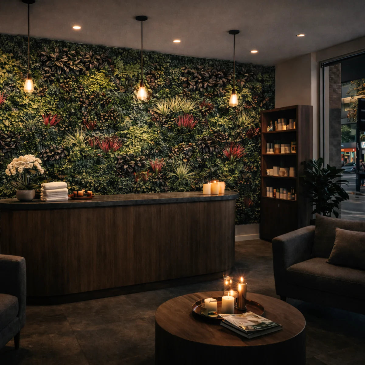 Create a lush, maintenance-free feature wall with Wild Orchid artificial green wall tiles