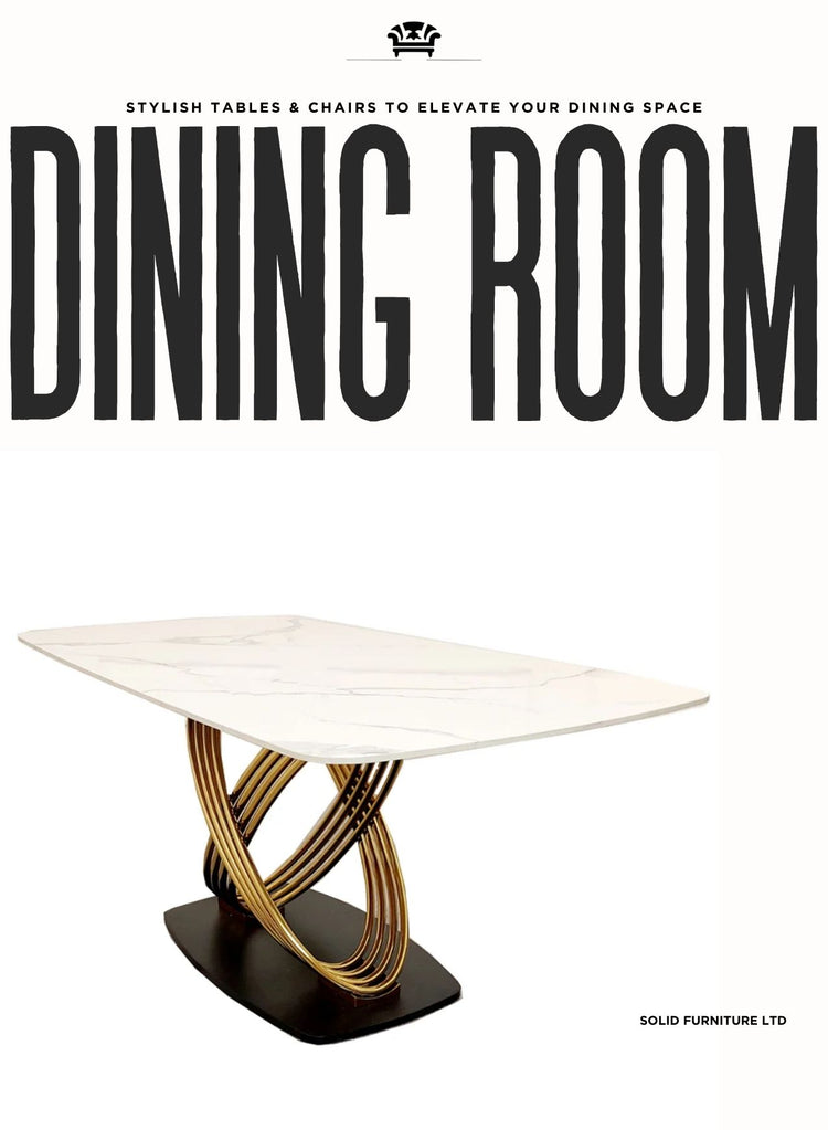Dining room advertisement with a stylish table and chairs on a white background
