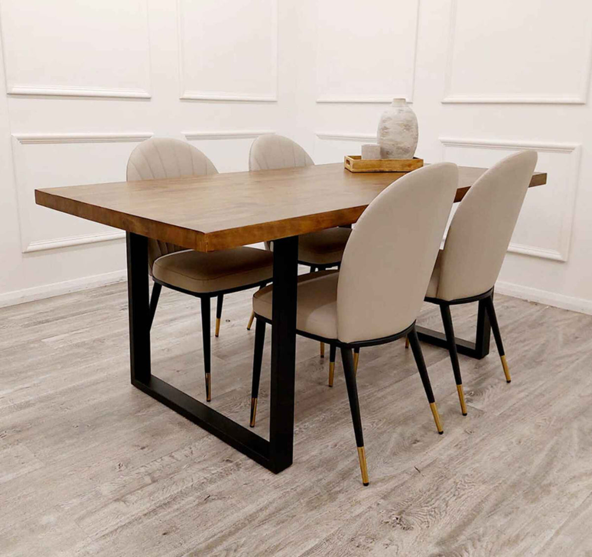 Freya Pine Wood Dining Table with Etta Beige Chairs SOLID FURNITURE