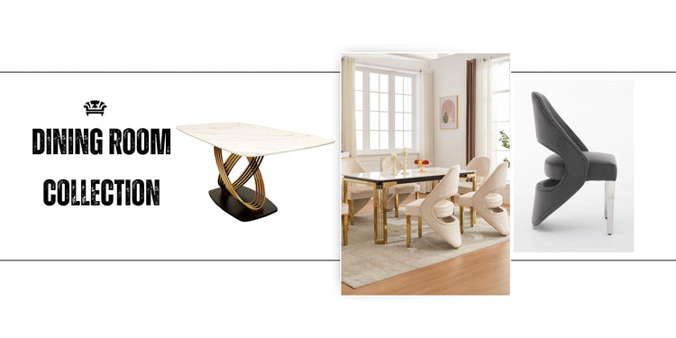 Dining room collection with table, chairs, and decor elements.