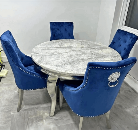 Louis Grey Round Marble Dining Table With Blue Dining Chairs
