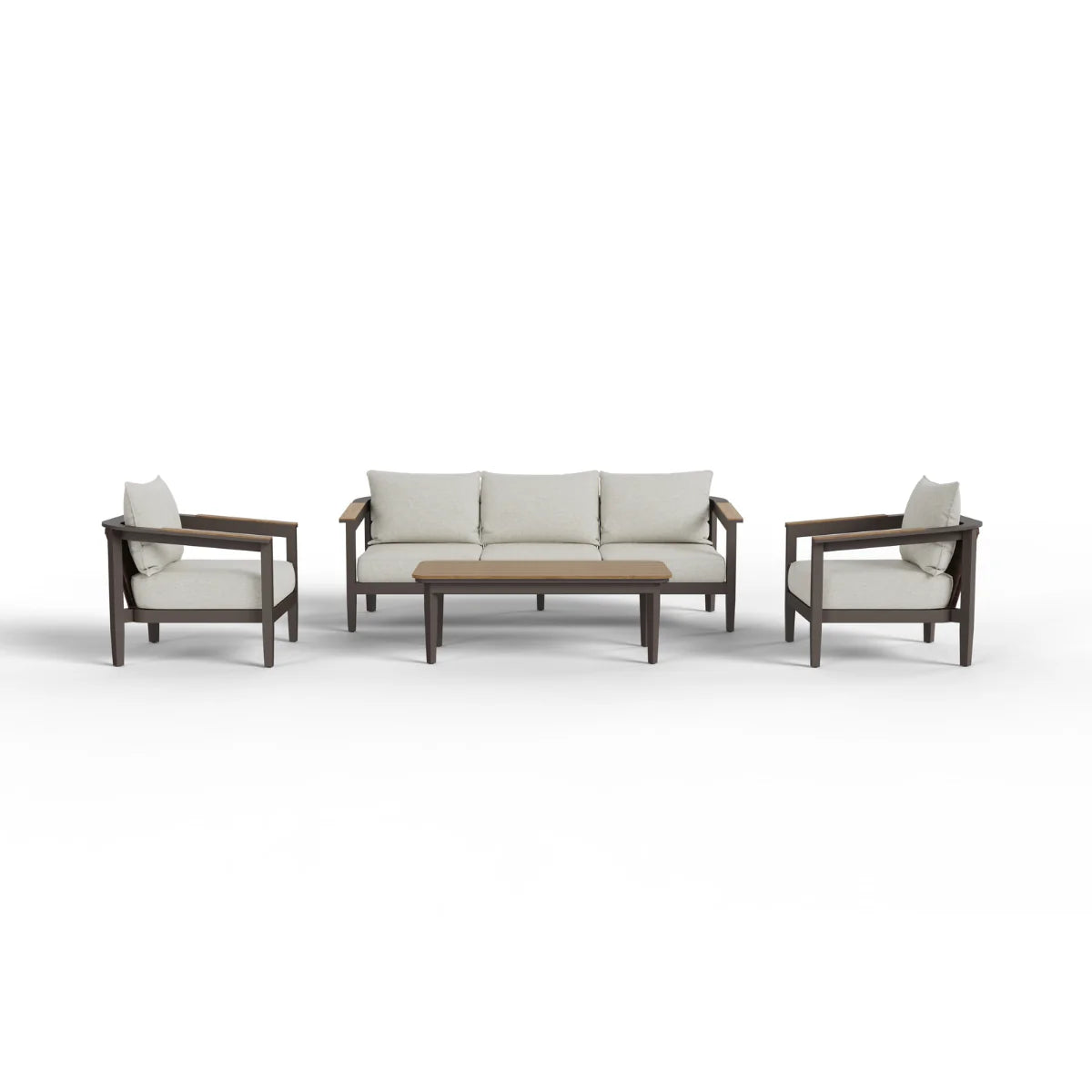 Hemera Wood 5 seater outdoor garden lounge set back side view showing truffle aluminium frame and woven design for durable garden furniture set solid furniture UK