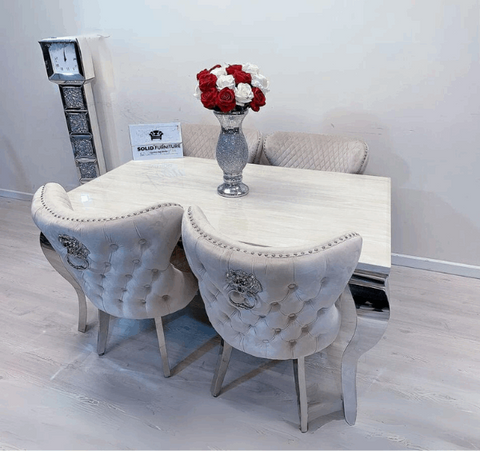 Louis Cream Marble Table And Valentino HQ Brushed Silver Dining Chairs