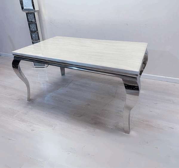 Louis Cream Marble Table And Valentino HQ Brushed Silver Dining Chairs