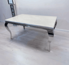 Louis Cream Marble Table And Valentino HQ Brushed Silver Dining Chairs