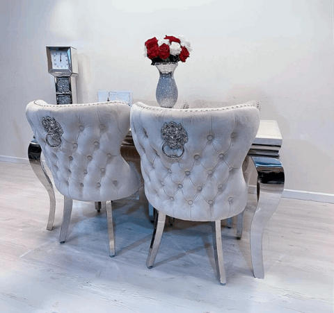 Louis Cream Marble Table And Valentino HQ Brushed Silver Dining Chairs