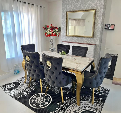 Louis Gold Pandora Marble Table with Victoria Gold Black Chairs