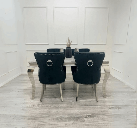 Louis Light Grey Marble Dining Table With Duke Black Chairs