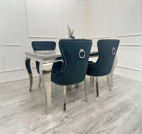 Louis Light Grey Marble Dining Table With Duke Black Chairs