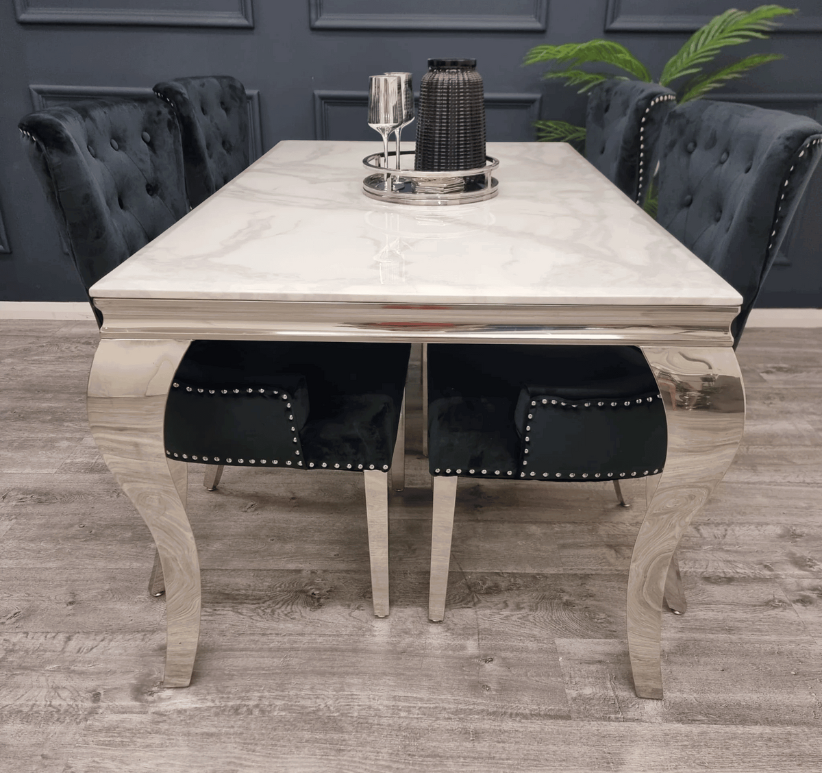 Louis White Marble Table And Megan Black Velvet Dining Chairs