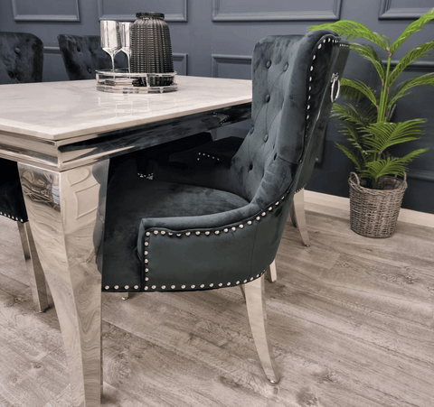 Louis White Marble Table And Megan Black Velvet Dining Chairs