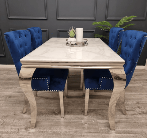 Louis White Marble Table And Megan Blue Velvet Dining Chairs