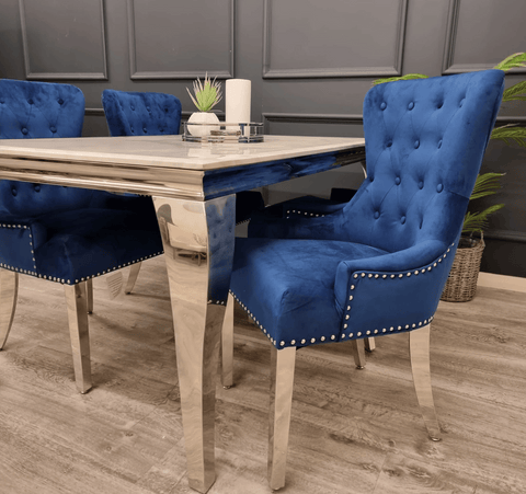 Louis White Marble Table And Megan Blue Velvet Dining Chairs