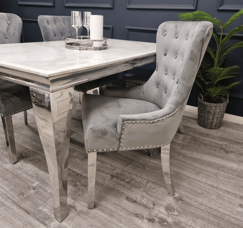 Louis White Marble Table And Megan Light Grey Velvet Dining Chairs