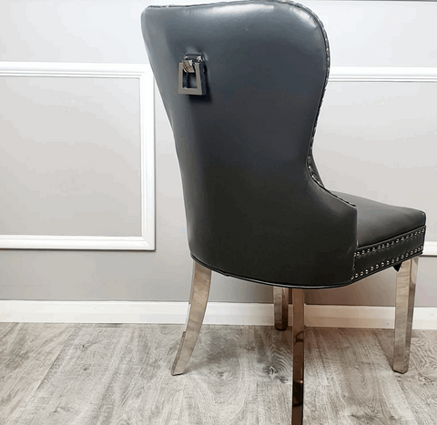 Louis Pandora Marble Table And Mayfair Leather Dark Grey Dining Chairs