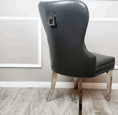 Pair of Mayfair Dark Grey PU Leather Dining Chair With Square Knocker Solid Furniture UK