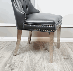 Pair of Mayfair Dark Grey PU Leather Dining Chair With Square Knocker Solid Furniture UK