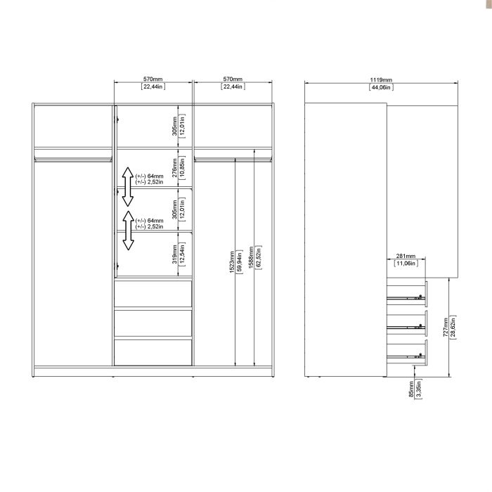 Naia Oak Wardrobe with 1 Door and 3 Drawers Dimensions 