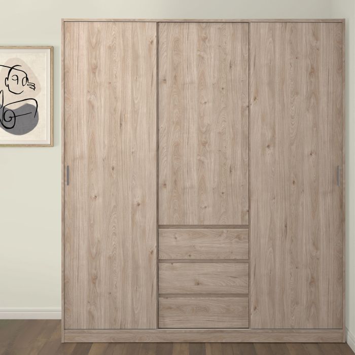 Naia Oak Wardrobe with 2 sliding Doors and 1 Door and 3 Drawers
