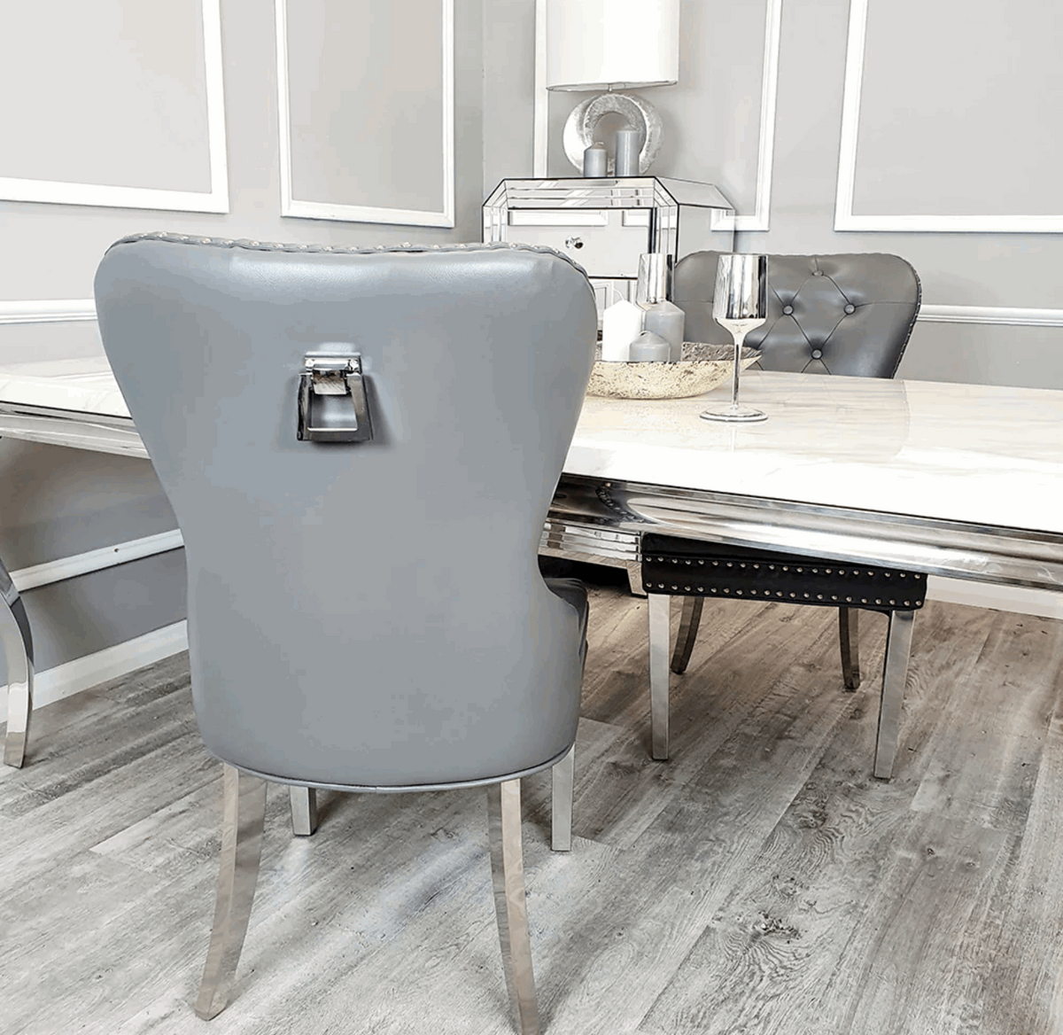 Pair of Mayfair Light Grey PU Leather Dining Chair With Square Knocker Solid Furniture UK