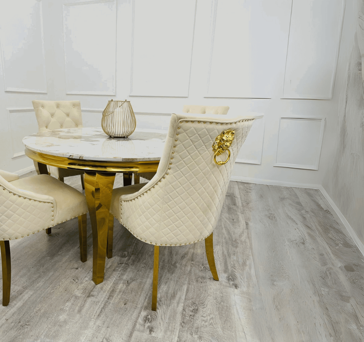 Louis Gold Round Pandora Marble Dining Table with Cream Velvet Chairs