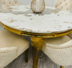 Louis Gold Round Pandora Marble Dining Table with Cream Velvet Chairs