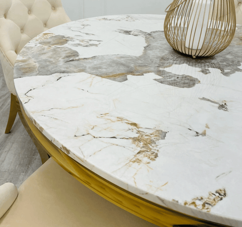 Louis Gold Round Pandora Marble Dining Table with Cream Velvet Chairs