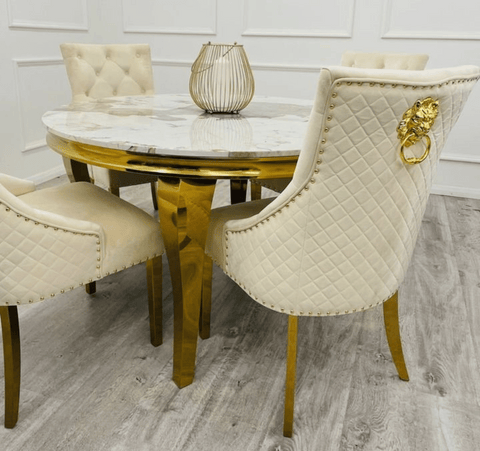 Louis Gold Round Pandora Marble Dining Table with Cream Velvet Chairs