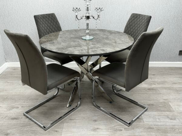 Tokyo Round Dining Table Set with 4 Grey Chairs – Modern UK Dining Room