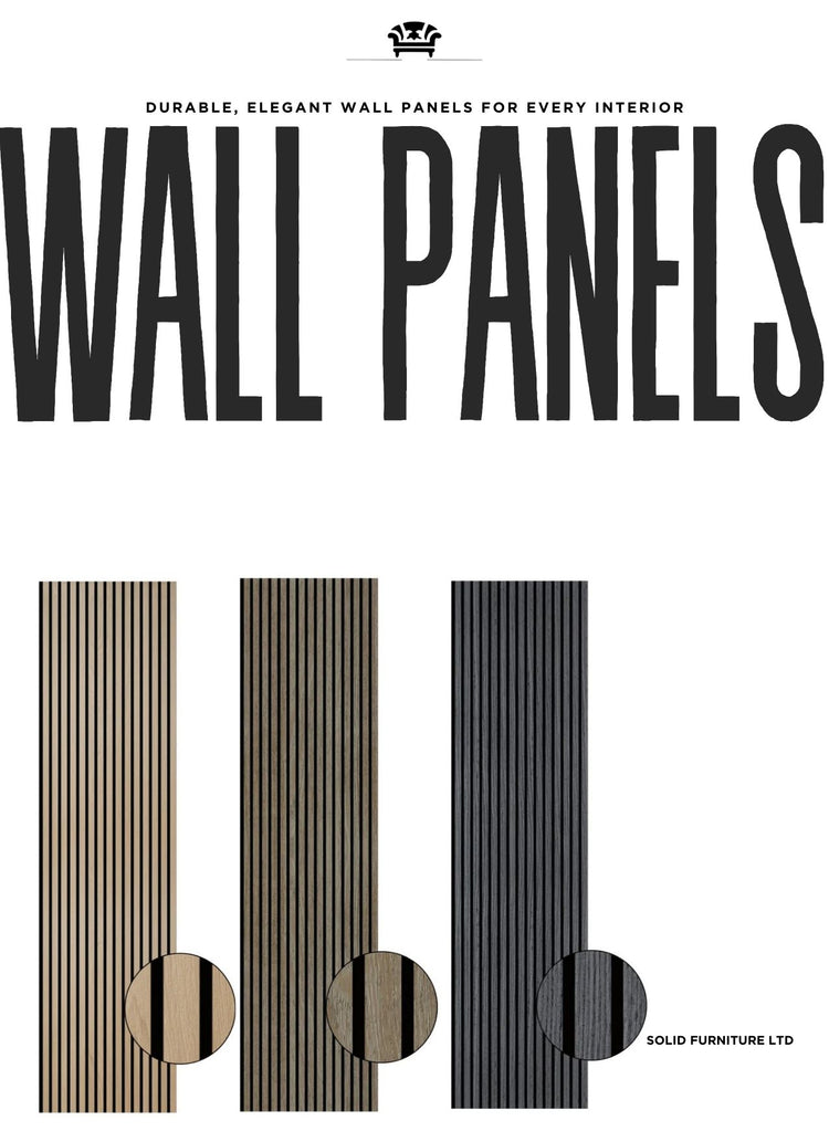 Advertisement for wall panels with text and panel samples on a white background