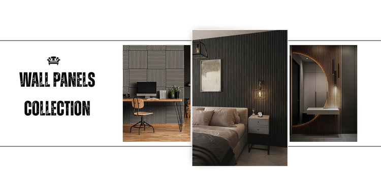 Collage of wall paneling applications in various rooms with text 'Wall Panels Collection'.