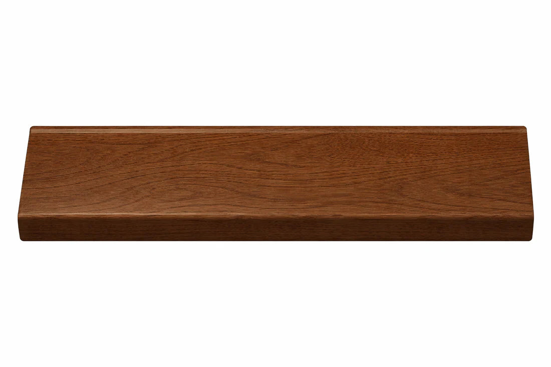 Side view of walnut acoustic blocks wall panel end trim showing profile and edge detail solid furniture UK
