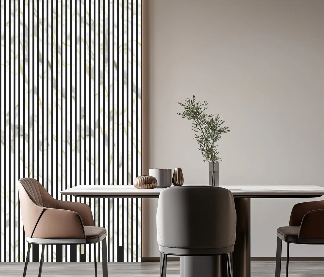 Acoustic Gold & White Marble Wall Panels installed on living room feature wall, showcasing modern interior styling and enhanced acoustic design solid furniture uk
